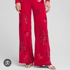 Chico's Vibrant Red Sequin Floral Wide Leg Pants